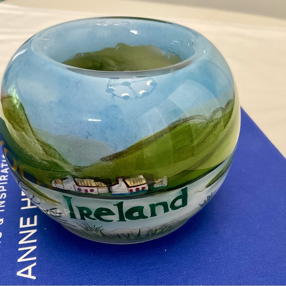 Ireland Landscape Hand Painted Glass Tealight Candle Holder Emerald Isle EUC